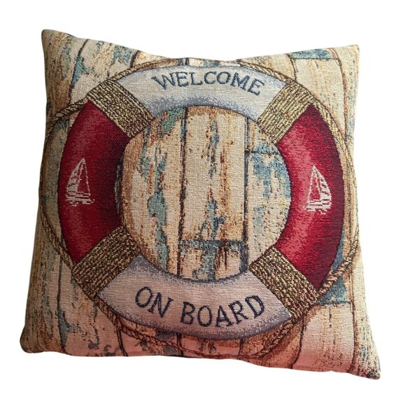 Nautical "Welcome On Board" Tapestry Throw Pillow 12x12 Made In England - Picture 1 of 5